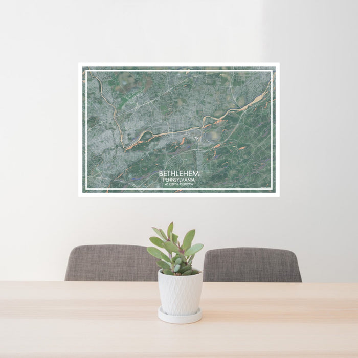 24x36 Bethlehem Pennsylvania Map Print Lanscape Orientation in Afternoon Style Behind 2 Chairs Table and Potted Plant