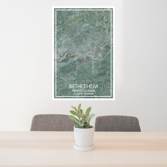 24x36 Bethlehem Pennsylvania Map Print Portrait Orientation in Afternoon Style Behind 2 Chairs Table and Potted Plant
