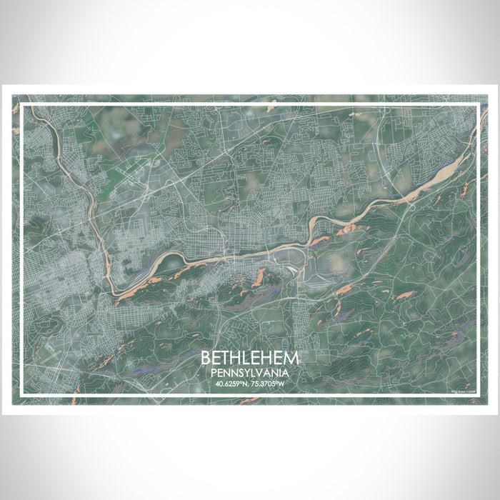 Bethlehem Pennsylvania Map Print Landscape Orientation in Afternoon Style With Shaded Background