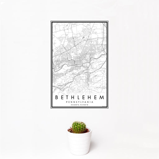 12x18 Bethlehem Pennsylvania Map Print Portrait Orientation in Classic Style With Small Cactus Plant in White Planter