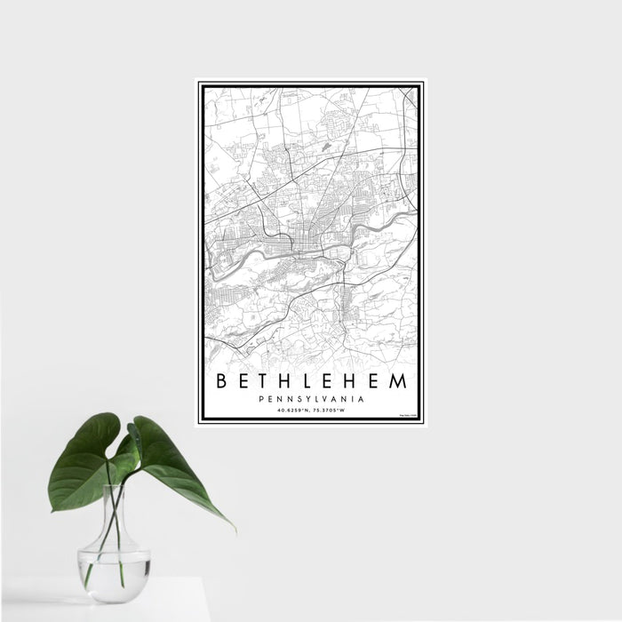 16x24 Bethlehem Pennsylvania Map Print Portrait Orientation in Classic Style With Tropical Plant Leaves in Water