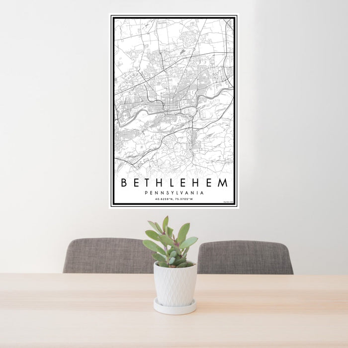 24x36 Bethlehem Pennsylvania Map Print Portrait Orientation in Classic Style Behind 2 Chairs Table and Potted Plant