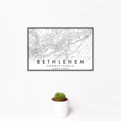12x18 Bethlehem Pennsylvania Map Print Landscape Orientation in Classic Style With Small Cactus Plant in White Planter