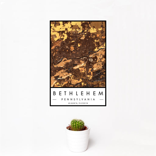 12x18 Bethlehem Pennsylvania Map Print Portrait Orientation in Ember Style With Small Cactus Plant in White Planter