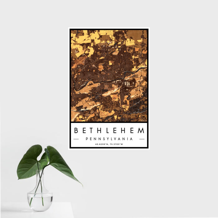 16x24 Bethlehem Pennsylvania Map Print Portrait Orientation in Ember Style With Tropical Plant Leaves in Water
