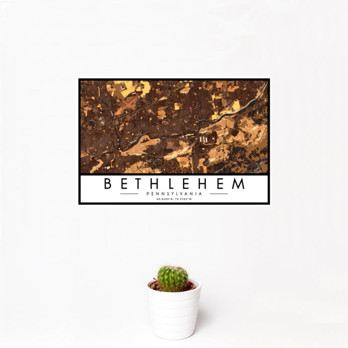 12x18 Bethlehem Pennsylvania Map Print Landscape Orientation in Ember Style With Small Cactus Plant in White Planter