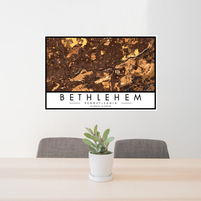 24x36 Bethlehem Pennsylvania Map Print Landscape Orientation in Ember Style Behind 2 Chairs Table and Potted Plant