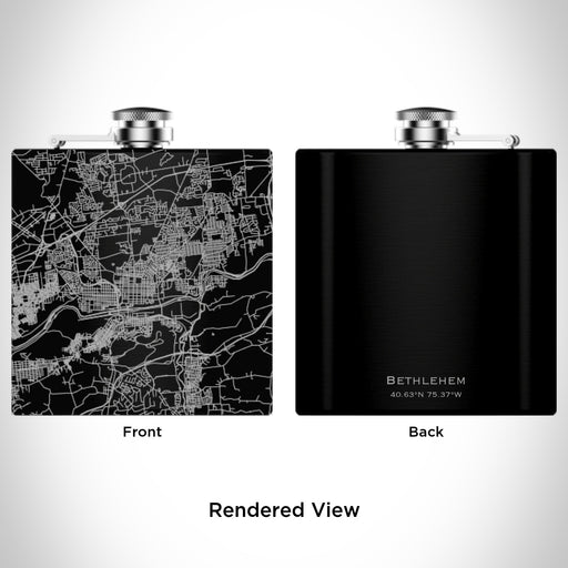 Rendered View of Bethlehem Pennsylvania Map Engraving on 6oz Stainless Steel Flask in Black
