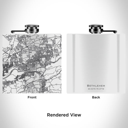 Rendered View of Bethlehem Pennsylvania Map Engraving on 6oz Stainless Steel Flask in White