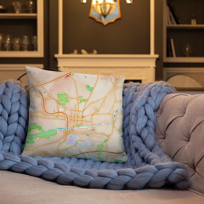 Custom Bethlehem Pennsylvania Map Throw Pillow in Watercolor on Cream Colored Couch