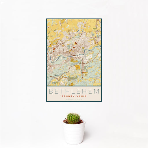 12x18 Bethlehem Pennsylvania Map Print Portrait Orientation in Woodblock Style With Small Cactus Plant in White Planter