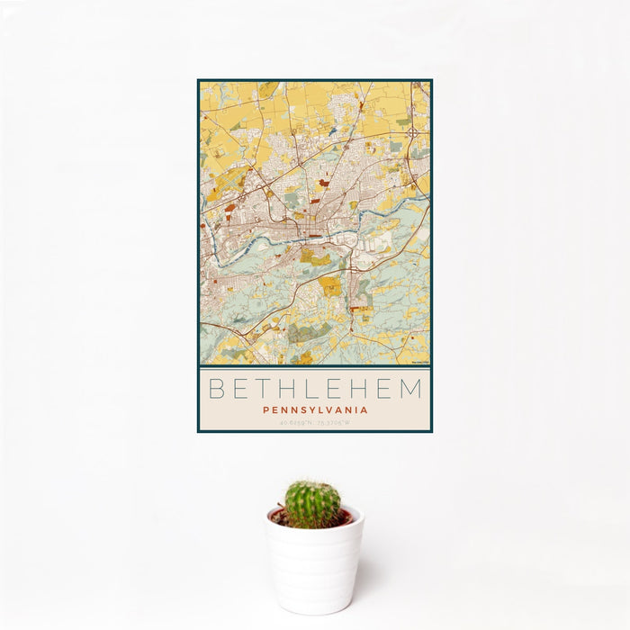 12x18 Bethlehem Pennsylvania Map Print Portrait Orientation in Woodblock Style With Small Cactus Plant in White Planter