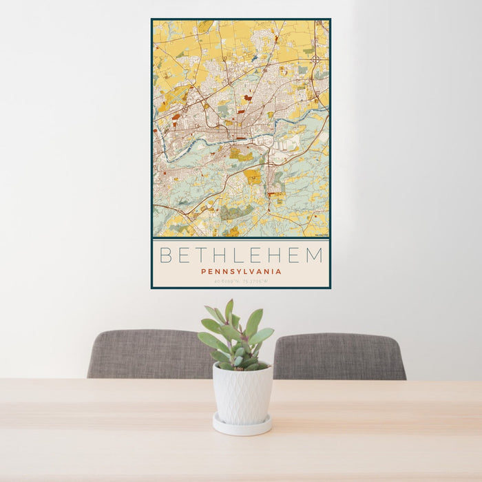 24x36 Bethlehem Pennsylvania Map Print Portrait Orientation in Woodblock Style Behind 2 Chairs Table and Potted Plant