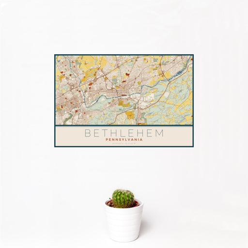 12x18 Bethlehem Pennsylvania Map Print Landscape Orientation in Woodblock Style With Small Cactus Plant in White Planter