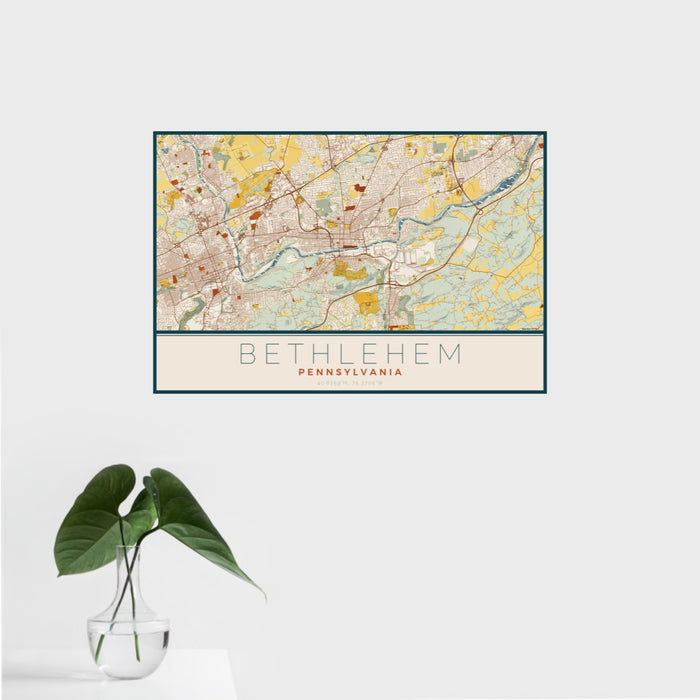16x24 Bethlehem Pennsylvania Map Print Landscape Orientation in Woodblock Style With Tropical Plant Leaves in Water