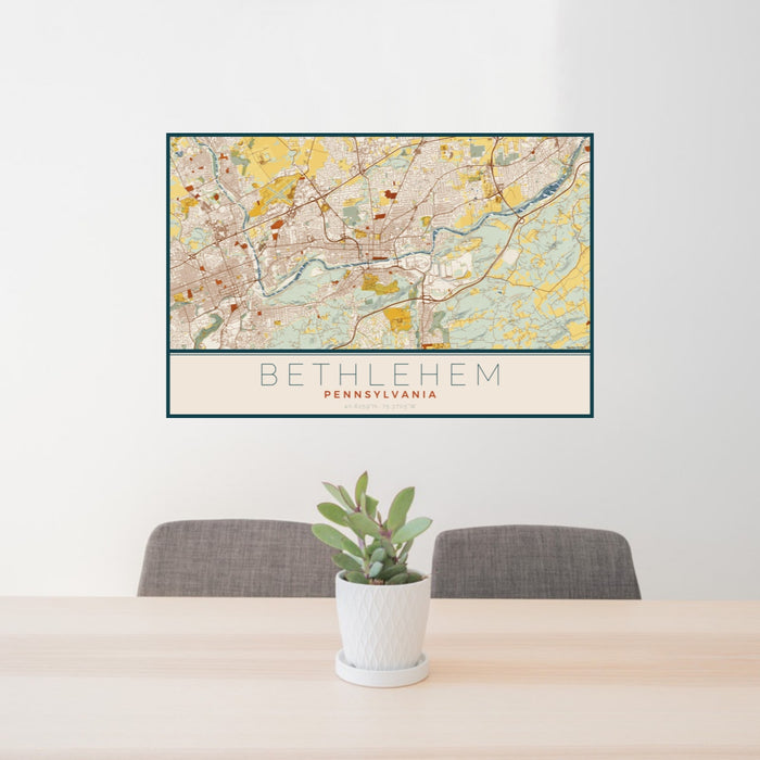 24x36 Bethlehem Pennsylvania Map Print Landscape Orientation in Woodblock Style Behind 2 Chairs Table and Potted Plant