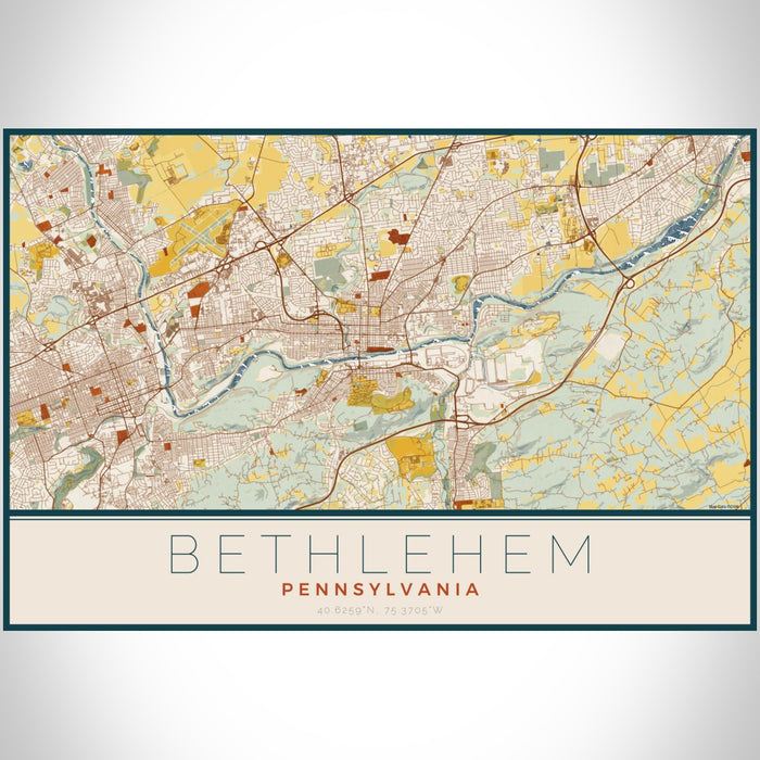 Bethlehem Pennsylvania Map Print Landscape Orientation in Woodblock Style With Shaded Background