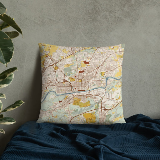 Custom Bethlehem Pennsylvania Map Throw Pillow in Woodblock on Bedding Against Wall