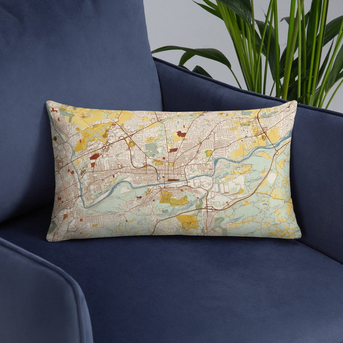 Custom Bethlehem Pennsylvania Map Throw Pillow in Woodblock on Blue Colored Chair