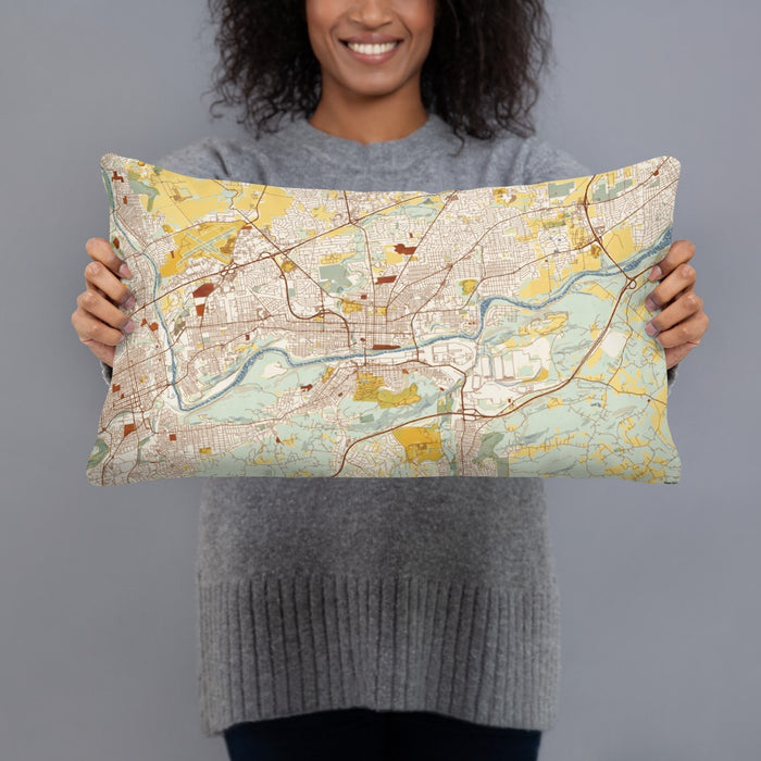Person holding 20x12 Custom Bethlehem Pennsylvania Map Throw Pillow in Woodblock