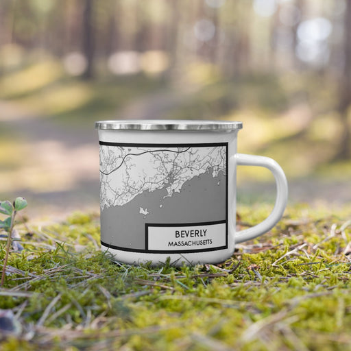 Right View Custom Beverly Massachusetts Map Enamel Mug in Classic on Grass With Trees in Background