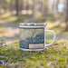 Right View Custom Beverly Massachusetts Map Enamel Mug in Woodblock on Grass With Trees in Background