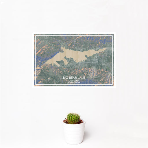 12x18 Big Bear Lake California Map Print Landscape Orientation in Afternoon Style With Small Cactus Plant in White Planter