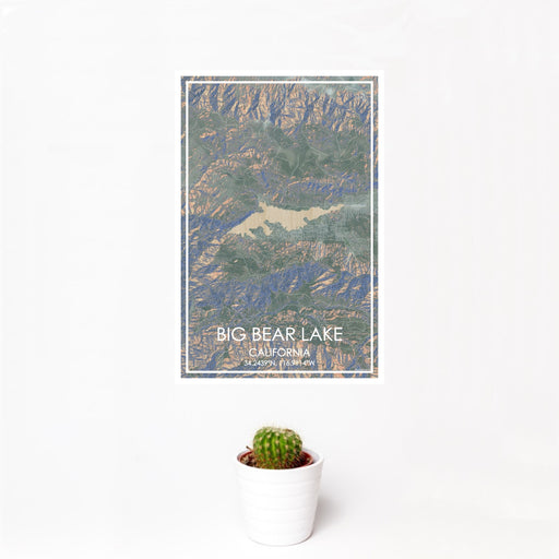 12x18 Big Bear Lake California Map Print Portrait Orientation in Afternoon Style With Small Cactus Plant in White Planter
