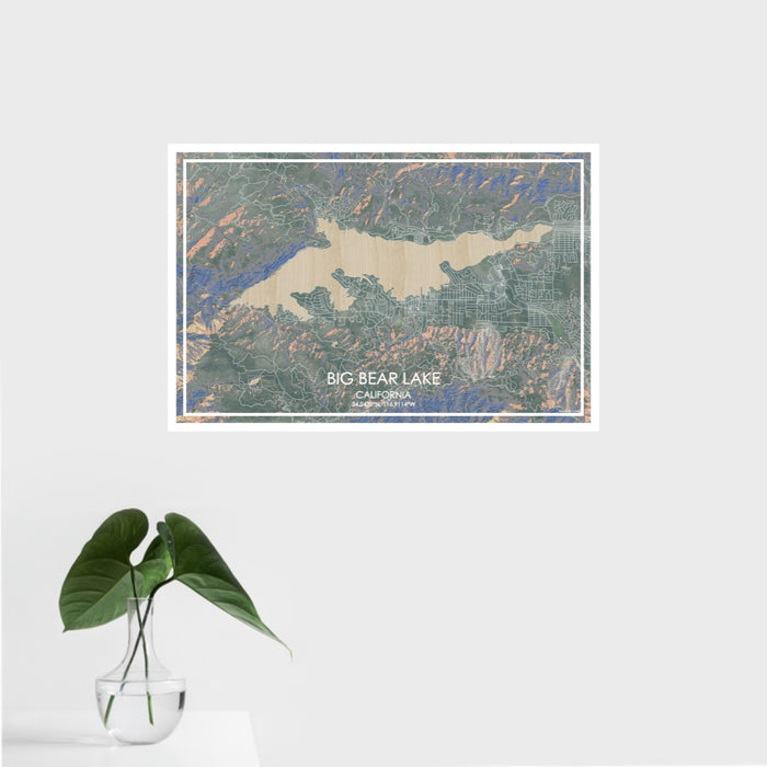 16x24 Big Bear Lake California Map Print Landscape Orientation in Afternoon Style With Tropical Plant Leaves in Water