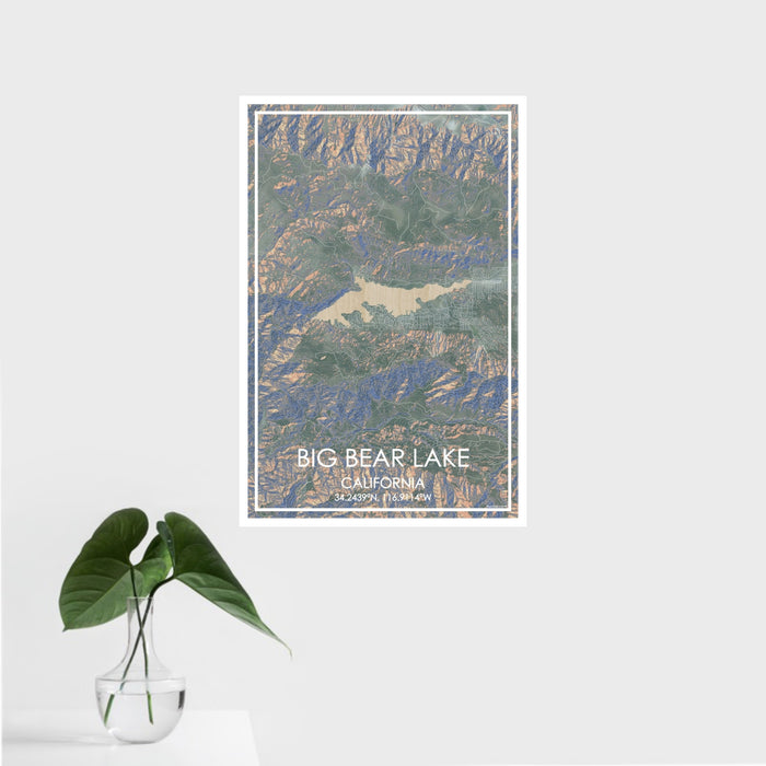 16x24 Big Bear Lake California Map Print Portrait Orientation in Afternoon Style With Tropical Plant Leaves in Water