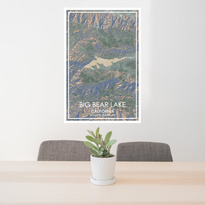 24x36 Big Bear Lake California Map Print Portrait Orientation in Afternoon Style Behind 2 Chairs Table and Potted Plant