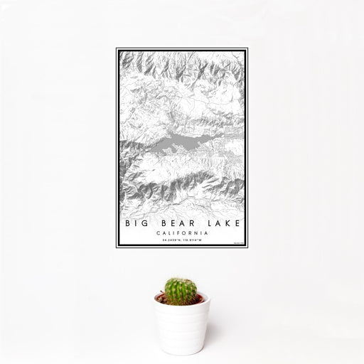 12x18 Big Bear Lake California Map Print Portrait Orientation in Classic Style With Small Cactus Plant in White Planter