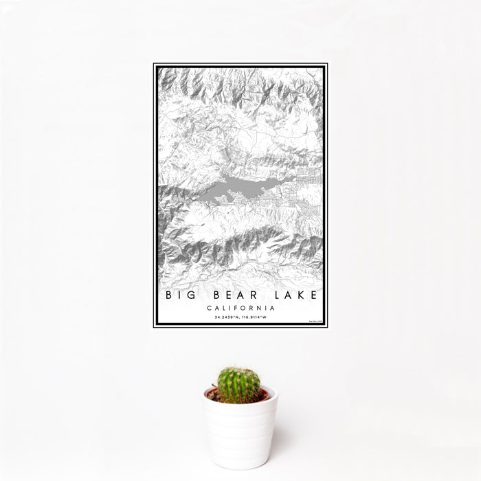 12x18 Big Bear Lake California Map Print Portrait Orientation in Classic Style With Small Cactus Plant in White Planter