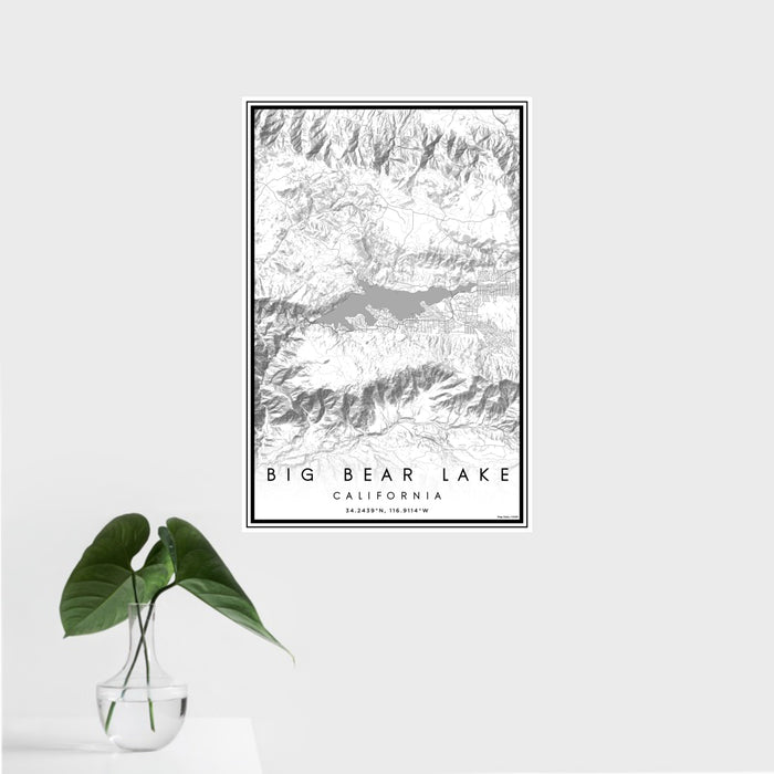 16x24 Big Bear Lake California Map Print Portrait Orientation in Classic Style With Tropical Plant Leaves in Water