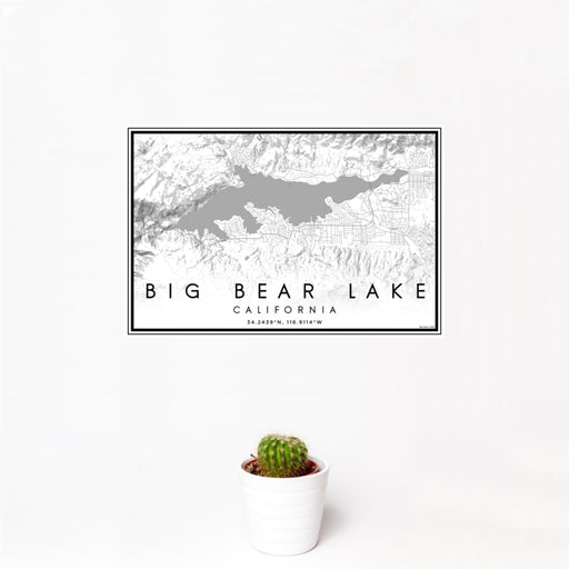 12x18 Big Bear Lake California Map Print Landscape Orientation in Classic Style With Small Cactus Plant in White Planter