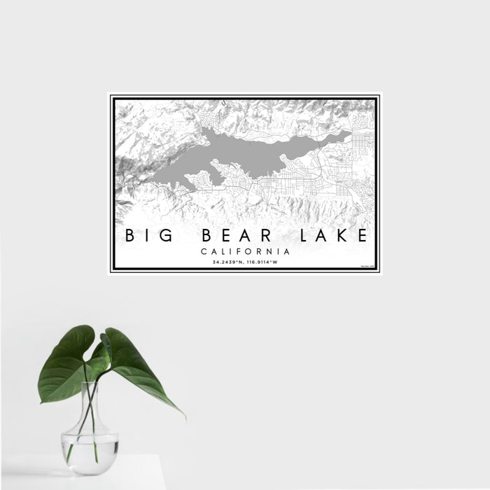 16x24 Big Bear Lake California Map Print Landscape Orientation in Classic Style With Tropical Plant Leaves in Water