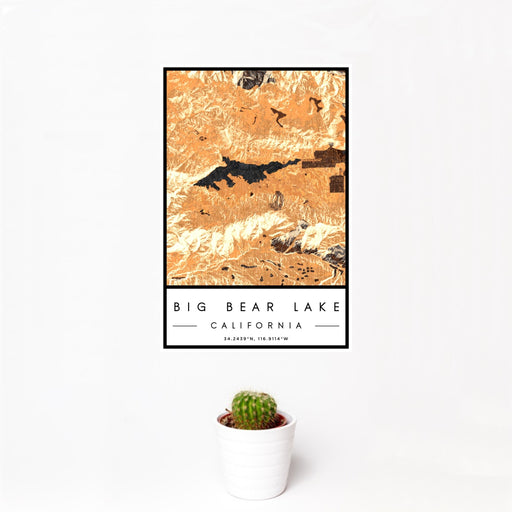 12x18 Big Bear Lake California Map Print Portrait Orientation in Ember Style With Small Cactus Plant in White Planter