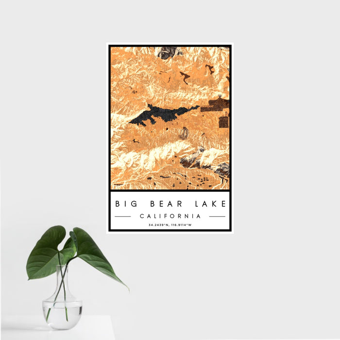16x24 Big Bear Lake California Map Print Portrait Orientation in Ember Style With Tropical Plant Leaves in Water