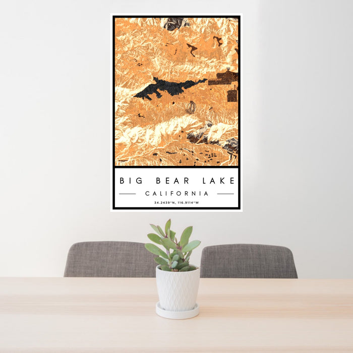 24x36 Big Bear Lake California Map Print Portrait Orientation in Ember Style Behind 2 Chairs Table and Potted Plant