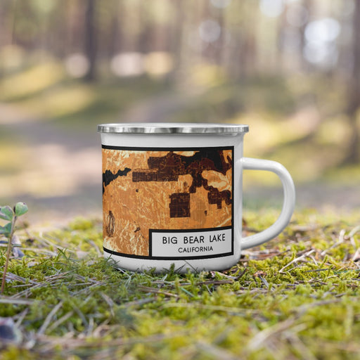 Right View Custom Big Bear Lake California Map Enamel Mug in Ember on Grass With Trees in Background