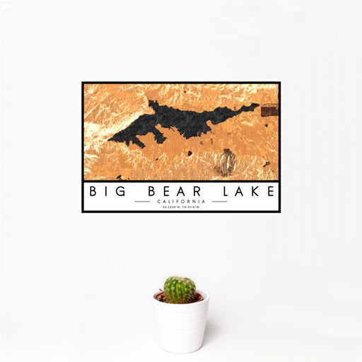 12x18 Big Bear Lake California Map Print Landscape Orientation in Ember Style With Small Cactus Plant in White Planter