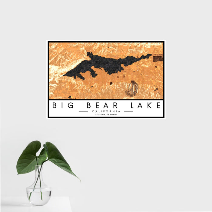 16x24 Big Bear Lake California Map Print Landscape Orientation in Ember Style With Tropical Plant Leaves in Water