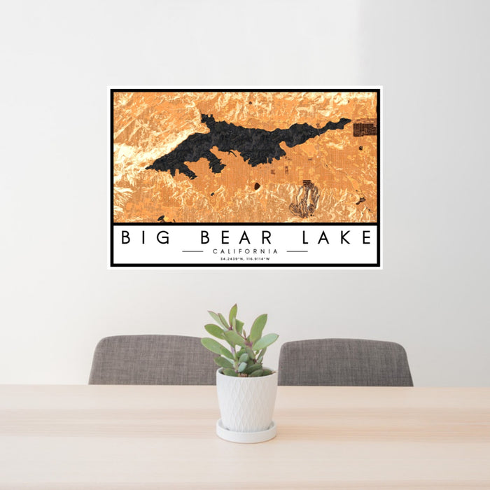 24x36 Big Bear Lake California Map Print Landscape Orientation in Ember Style Behind 2 Chairs Table and Potted Plant