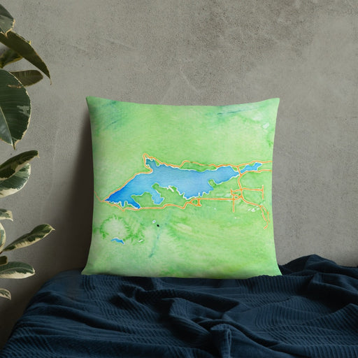Custom Big Bear Lake California Map Throw Pillow in Watercolor on Bedding Against Wall