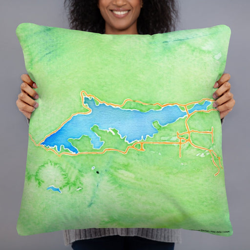 Person holding 22x22 Custom Big Bear Lake California Map Throw Pillow in Watercolor