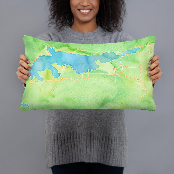 Person holding 20x12 Custom Big Bear Lake California Map Throw Pillow in Watercolor