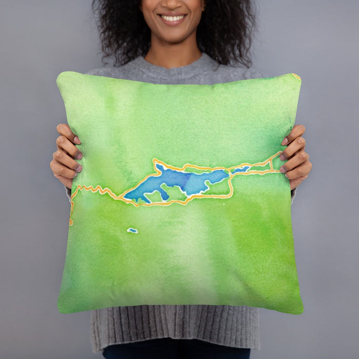 Person holding 18x18 Custom Big Bear Lake California Map Throw Pillow in Watercolor
