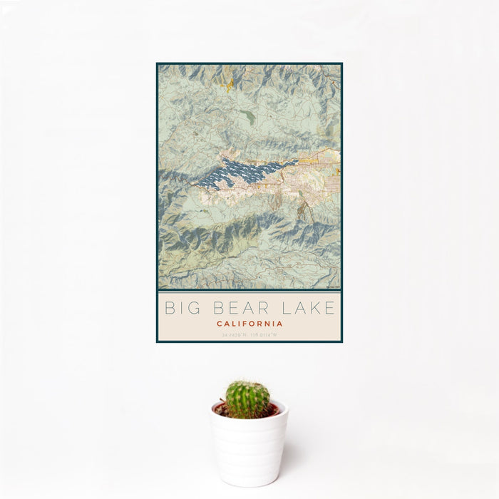 12x18 Big Bear Lake California Map Print Portrait Orientation in Woodblock Style With Small Cactus Plant in White Planter