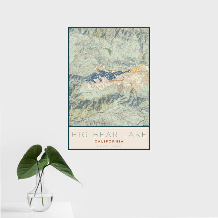 16x24 Big Bear Lake California Map Print Portrait Orientation in Woodblock Style With Tropical Plant Leaves in Water