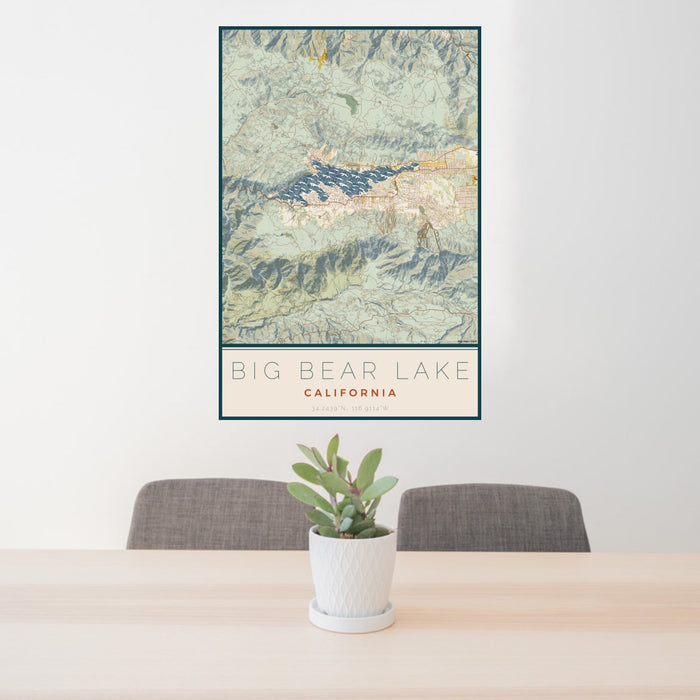 24x36 Big Bear Lake California Map Print Portrait Orientation in Woodblock Style Behind 2 Chairs Table and Potted Plant